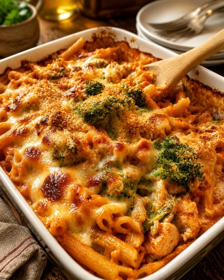 Cheesy Chicken Broccoli Pasta Bake with fresh chicken and broccoli in a creamy sauce