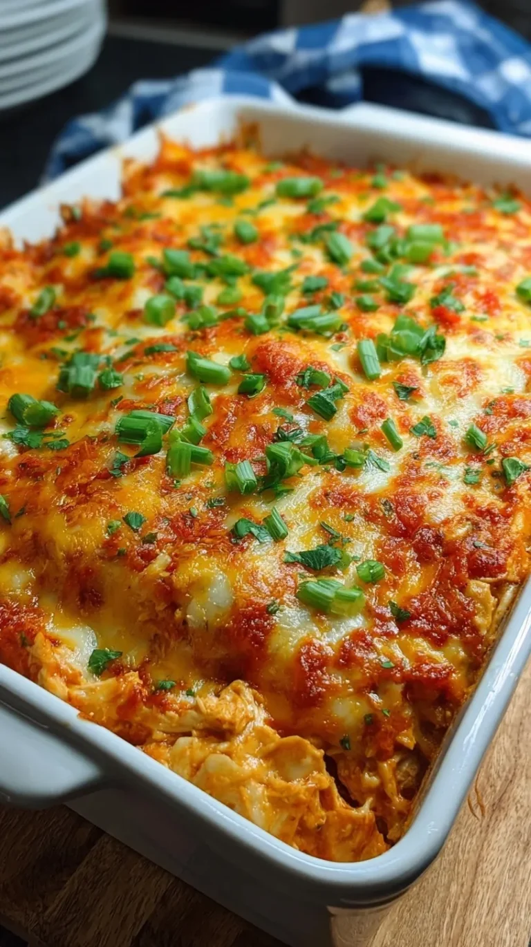 A bubbling dish of cheesy chicken enchilada casserole topped with cilantro and sour cream