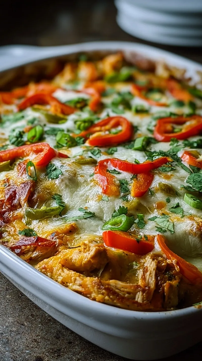 A ceramic baking dish filled with seasoned chicken, colorful bell peppers, and melted Monterey Jack cheese.