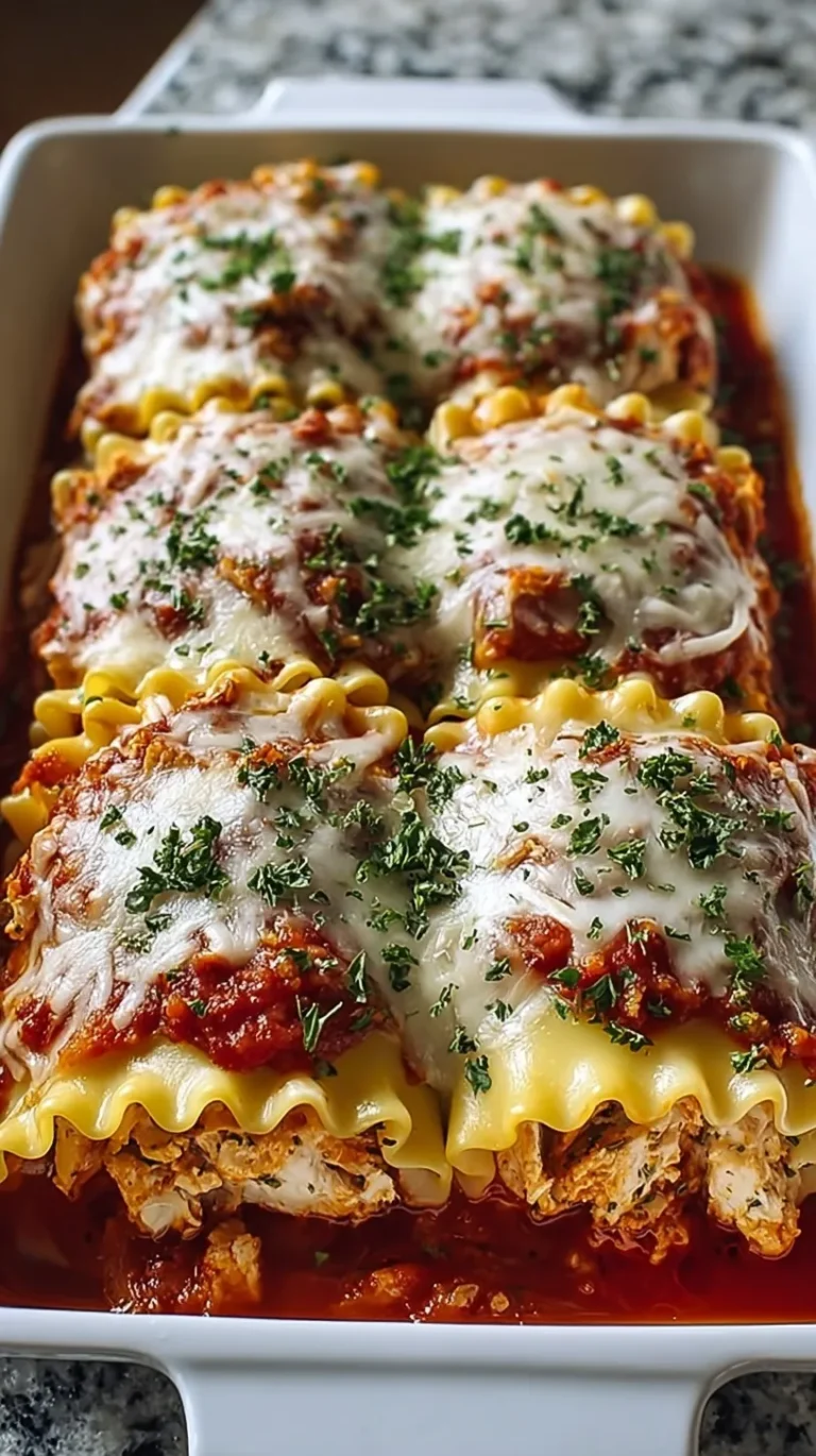 A baking dish filled with cheesy chicken lasagna roll-ups topped with melted mozzarella and red marinara sauce.