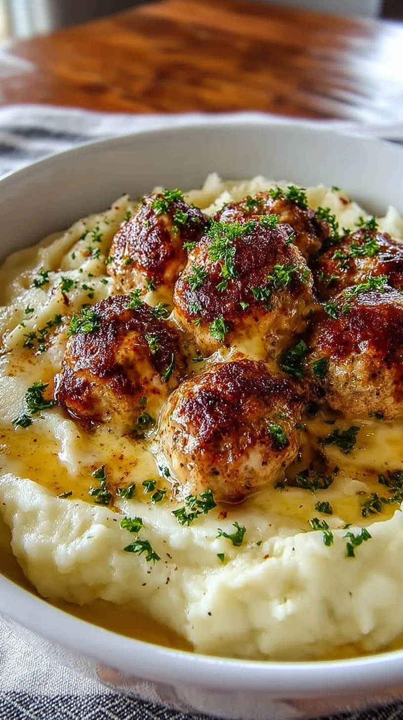 Plate of cheesy chicken meatballs with gravy over creamy mashed potatoes.