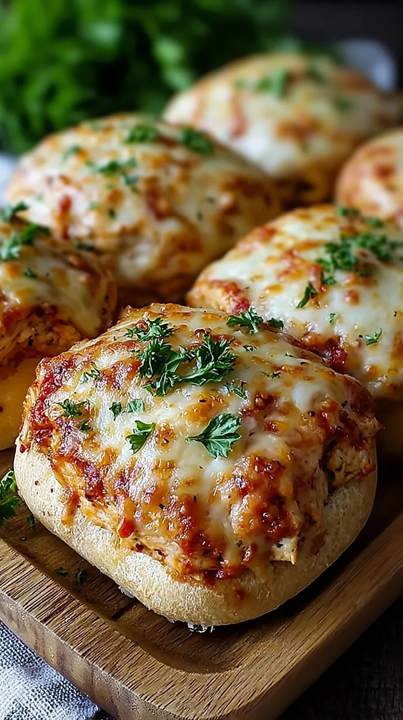 Golden brown Cheesy Chicken Parmesan Rolls on a baking sheet with melted mozzarella and marinara dipping sauce.