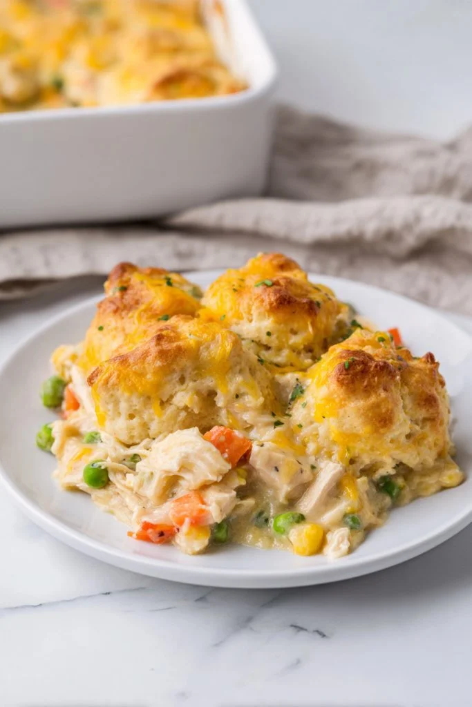 Cheesy Crack Chicken Biscuit Casserole served in a dish with fresh herbs