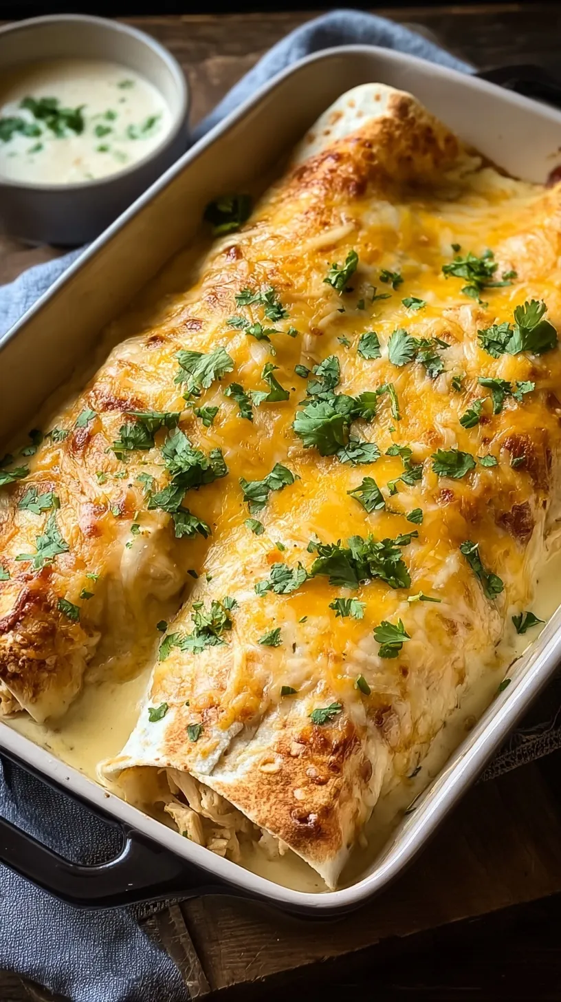 A baking dish filled with cheesy creamy chicken enchiladas topped with melted Monterey Jack cheese and green chiles.