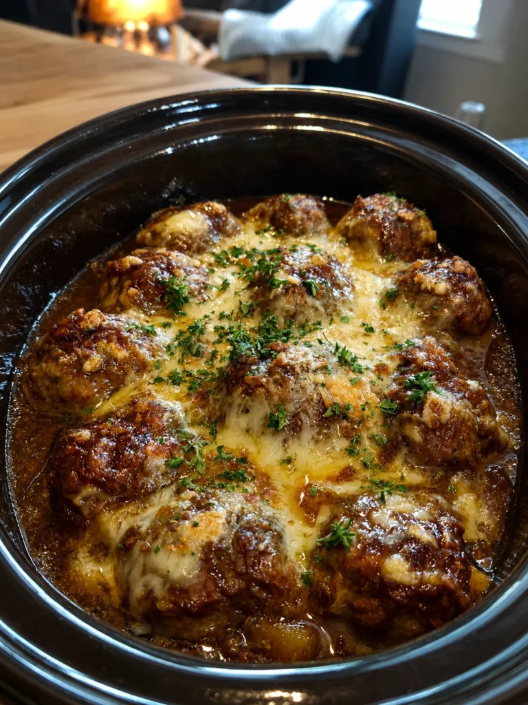 cheesy french onion meatballs in skillet with melted cheese and caramelized onions