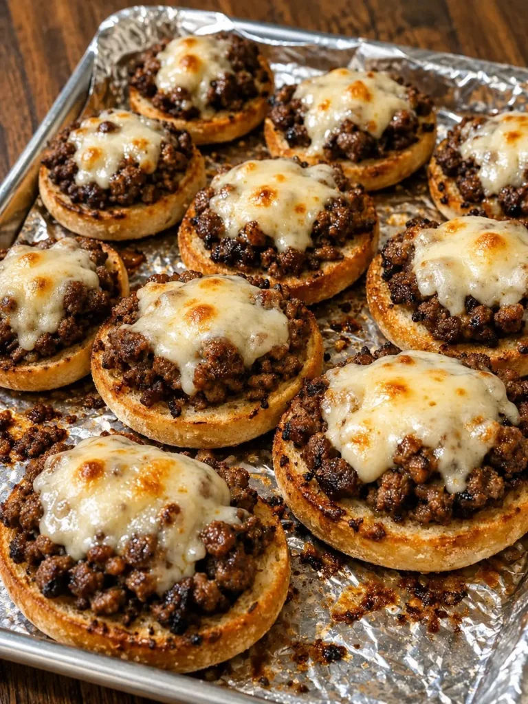 Cheesy garlic beef toasts topped with melted cheese and sprinkled herbs.