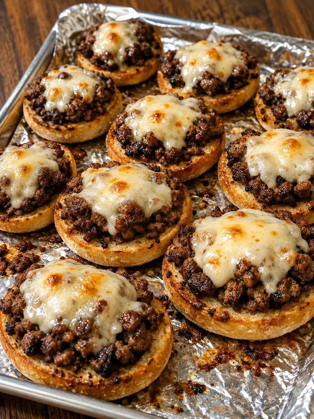 Cheesy garlic beef toasts topped with melted cheese and sprinkled herbs.