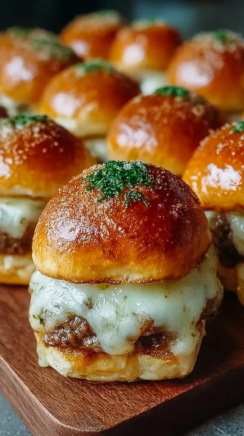 Golden brown baked sliders with melted cheese and garlic butter glaze