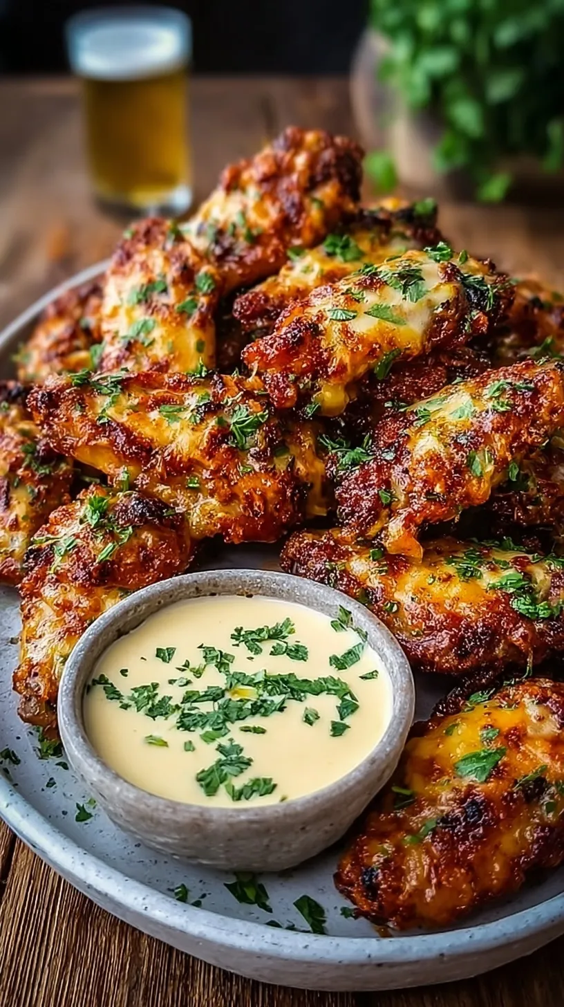 A platter of crispy Cheesy Garlic Chicken Wings coated in parmesan and garlic butter next to a bowl of blue cheese dip.