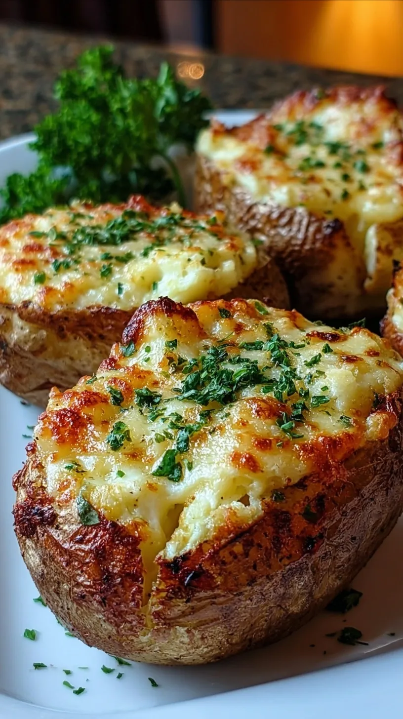 A row of golden brown cheesy garlic stuffed baked potatoes topped with fresh chives on a baking sheet.