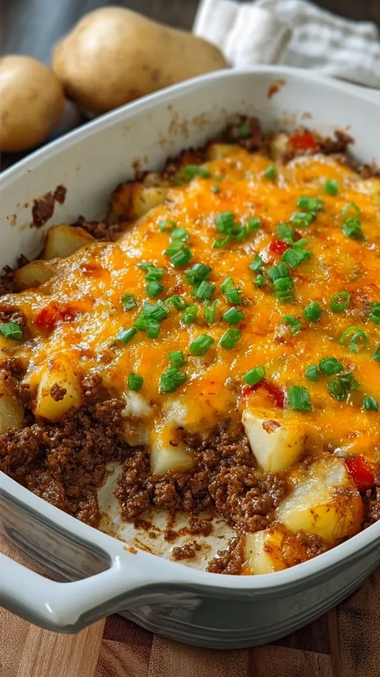 A golden brown cheesy beef and potato casserole in a glass baking dish