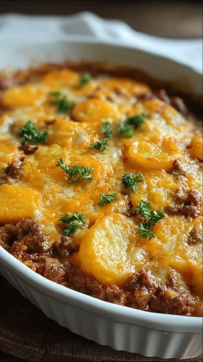 A golden brown cheesy ground beef and potato casserole in a baking dish