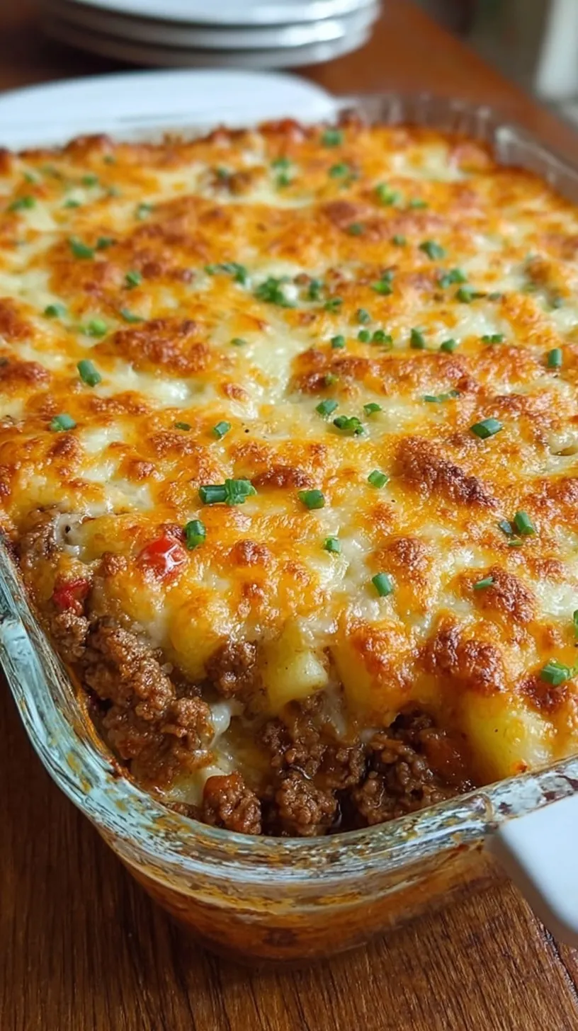 A golden brown cheesy ground beef and potato casserole in a white baking dish