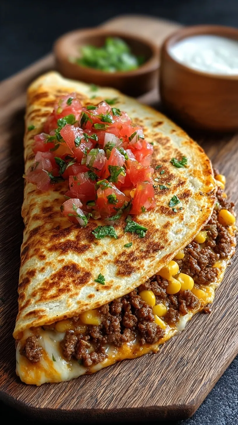 Golden brown cheesy beef quesadilla sliced into wedges on a platter