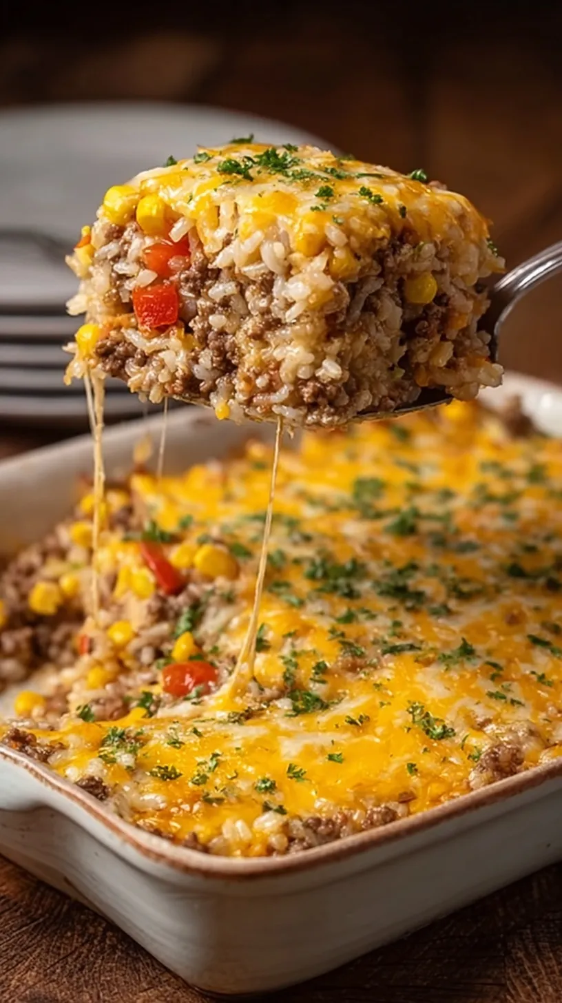 A golden brown Cheesy Ground Beef & Rice Casserole in a ceramic baking dish.