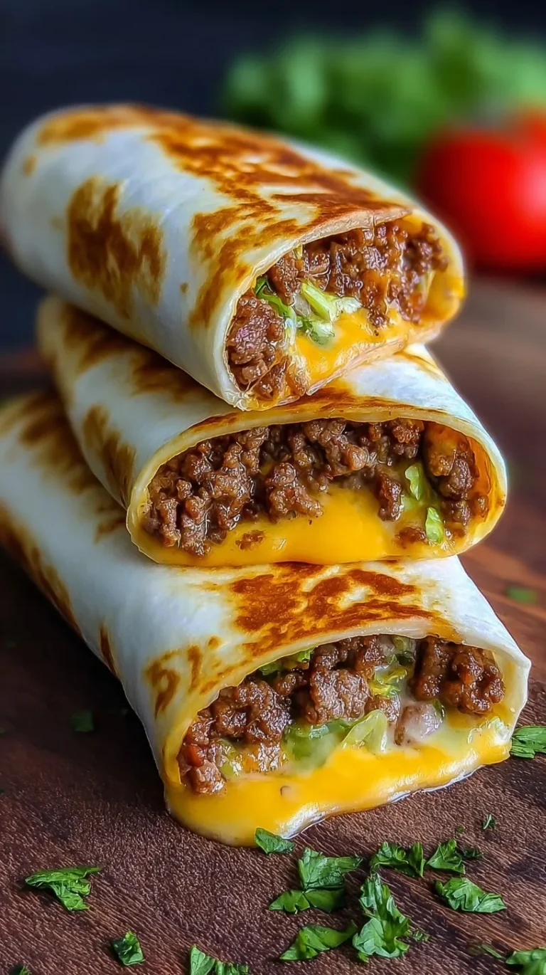 Golden brown seared tortilla wraps filled with seasoned ground beef and melted cheddar cheese.