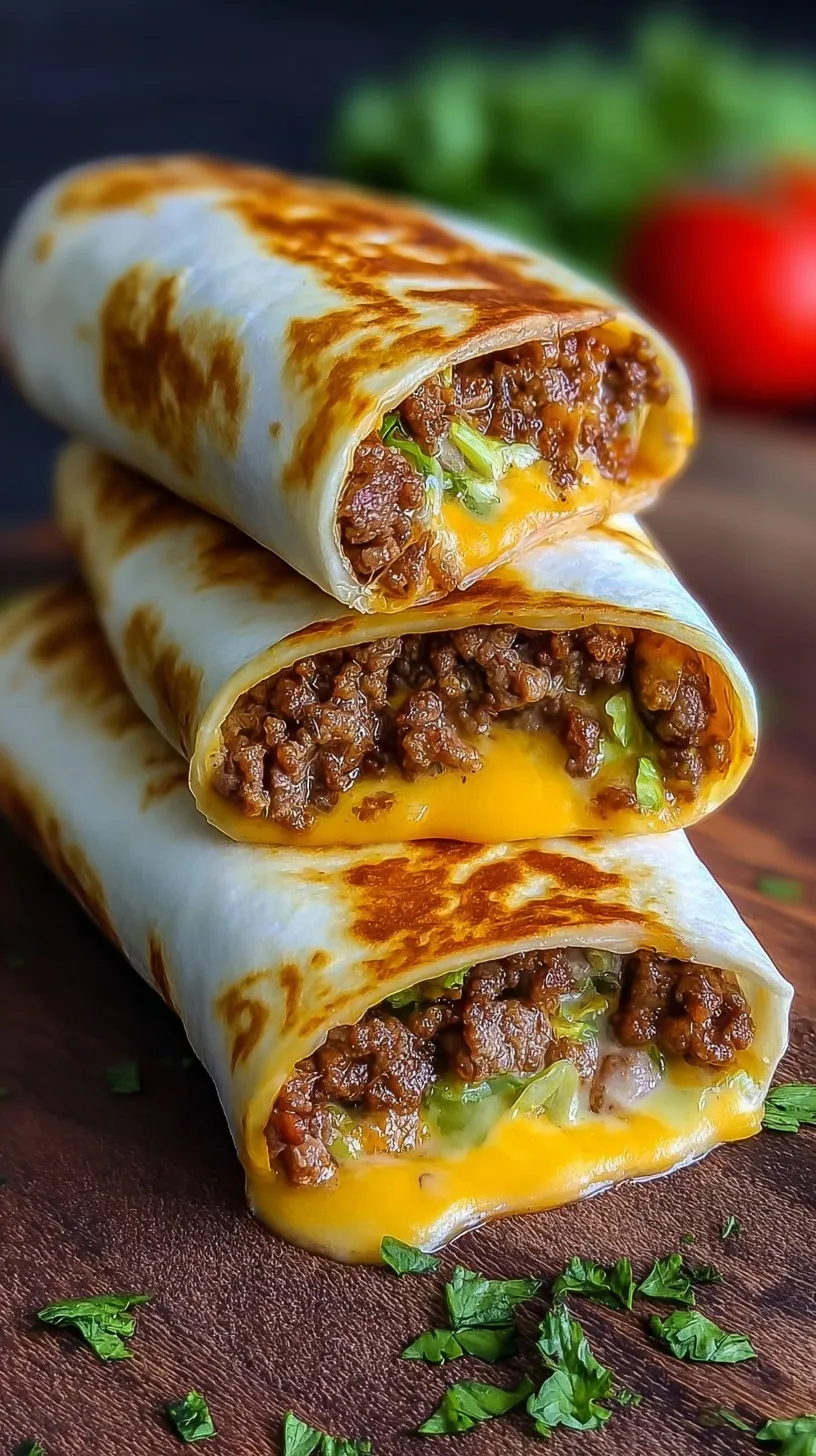Golden brown seared tortilla wraps filled with seasoned ground beef and melted cheddar cheese.