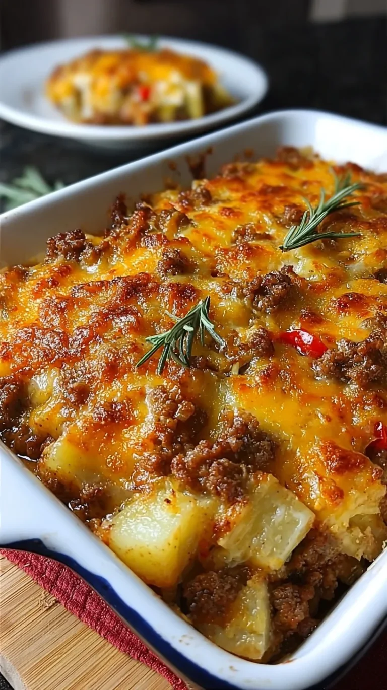A golden brown cheesy ground pork and potato bake in a white casserole dish.