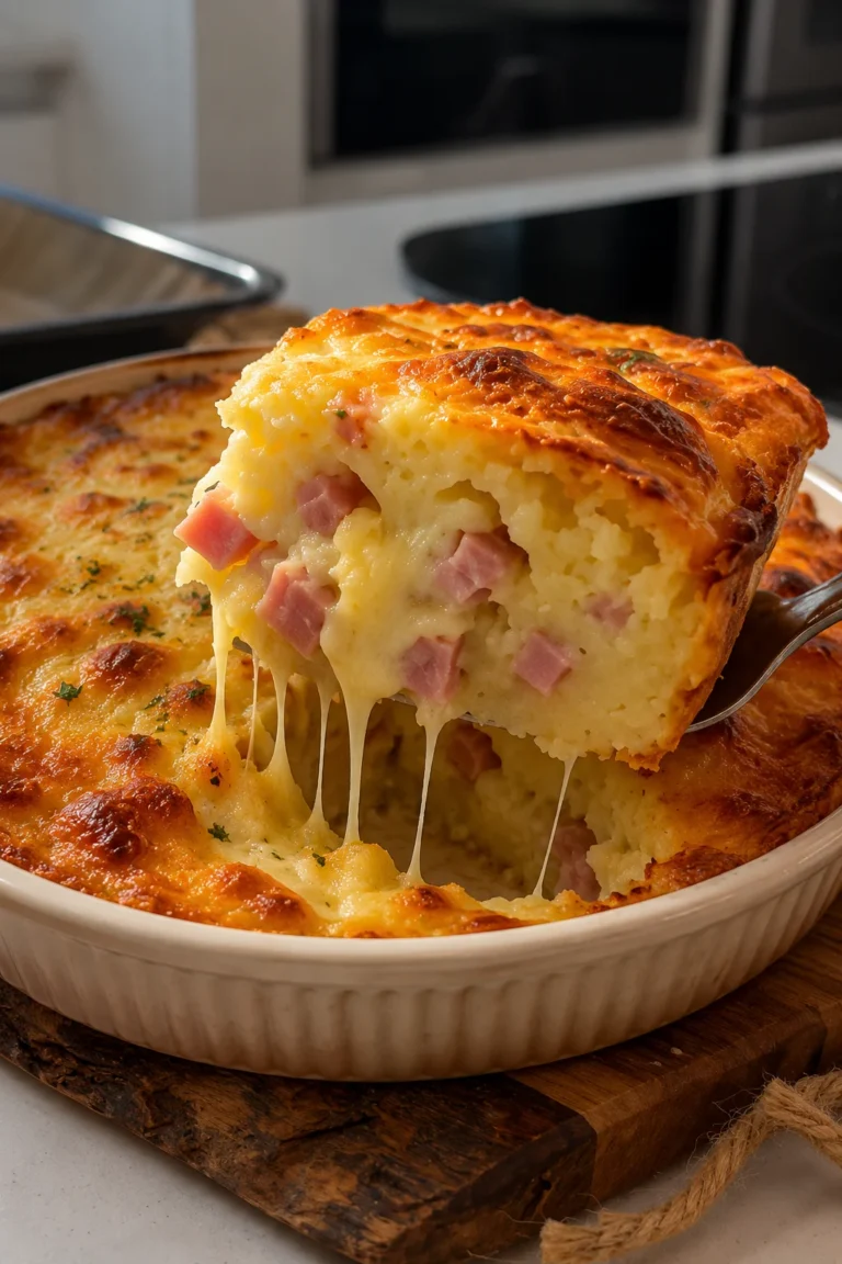 Cheesy ham and potato bake with melted cheese and creamy potatoes