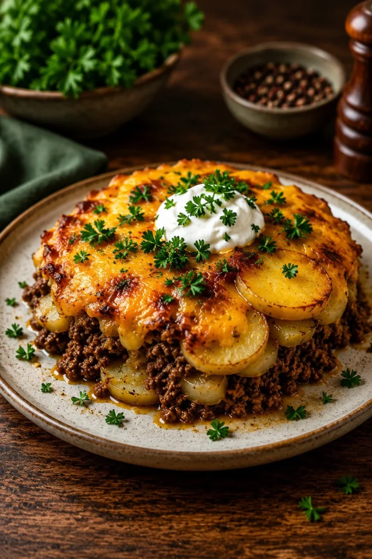 Cheesy Hamburger Potato Casserole served in a baking dish with melted cheese on top.