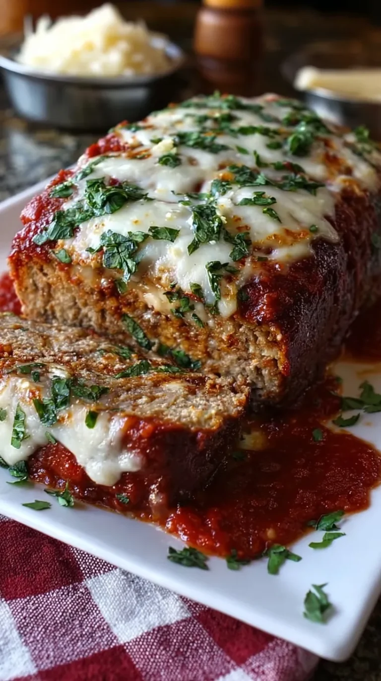 A sliced Cheesy Italian Meatloaf topped with melted mozzarella and fresh parsley on a baking sheet.