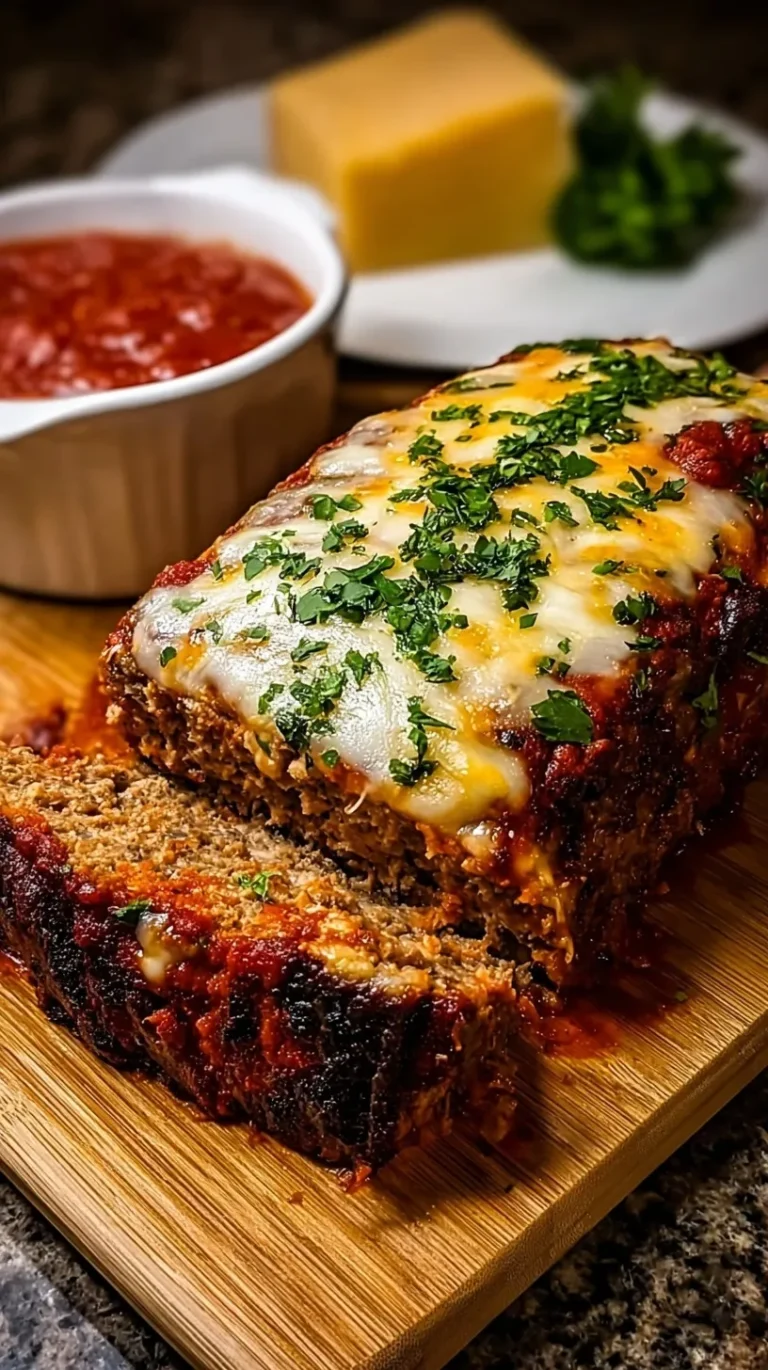 A thick slice of Italian meatloaf showing a melted mozzarella cheese center and marinara topping.