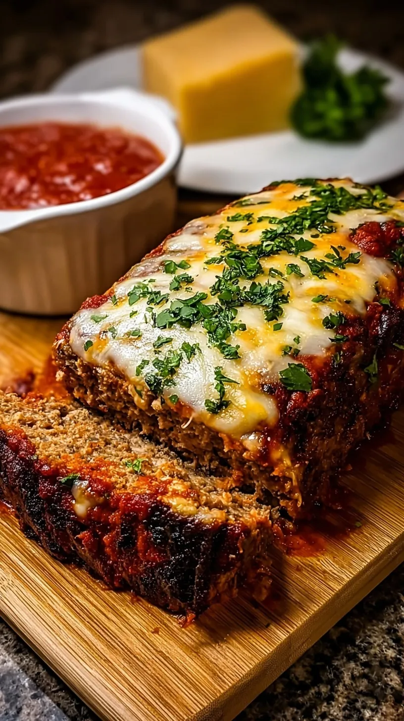 A thick slice of Italian meatloaf showing a melted mozzarella cheese center and marinara topping.