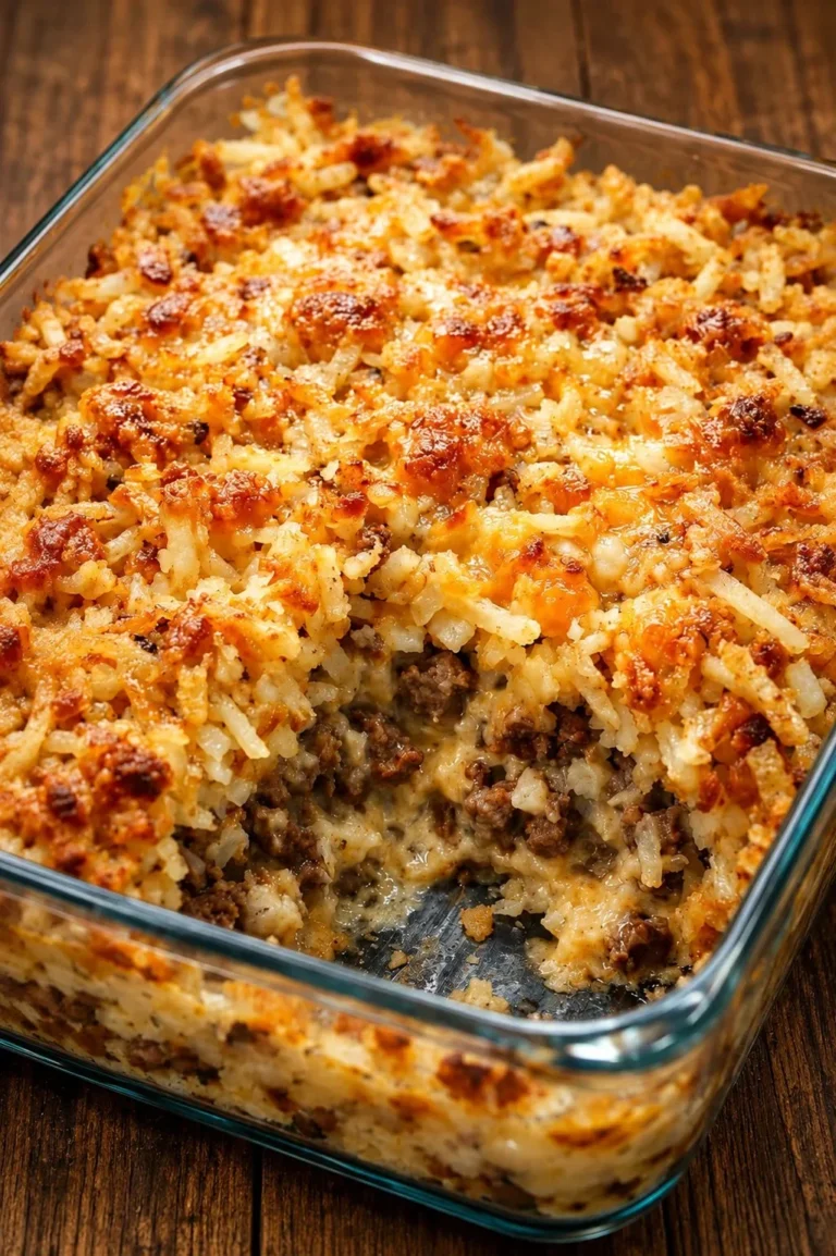 Cheesy loaded beef and hash brown casserole in a baking dish