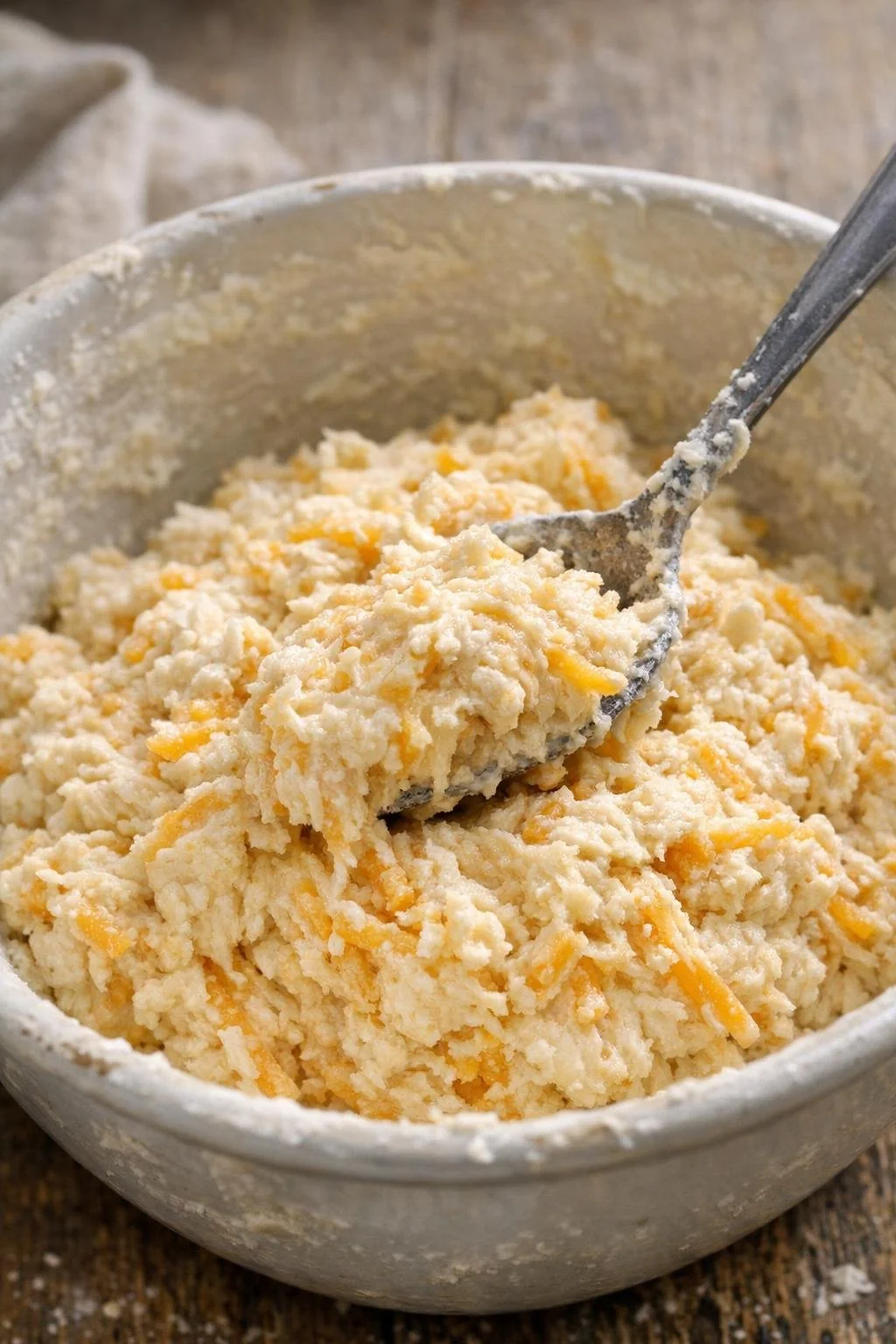 Thick cheddar biscuit dough forming in a mixing bowl