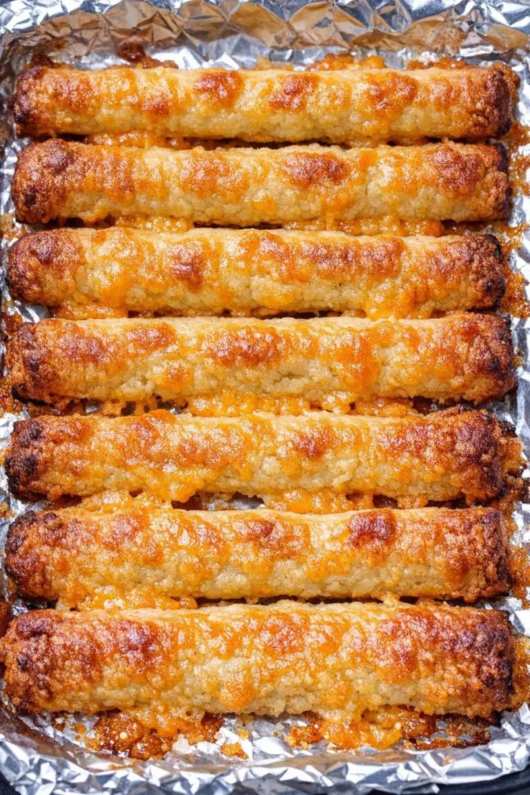 Golden homemade cheddar lunchroom straws on a foil-lined baking tray