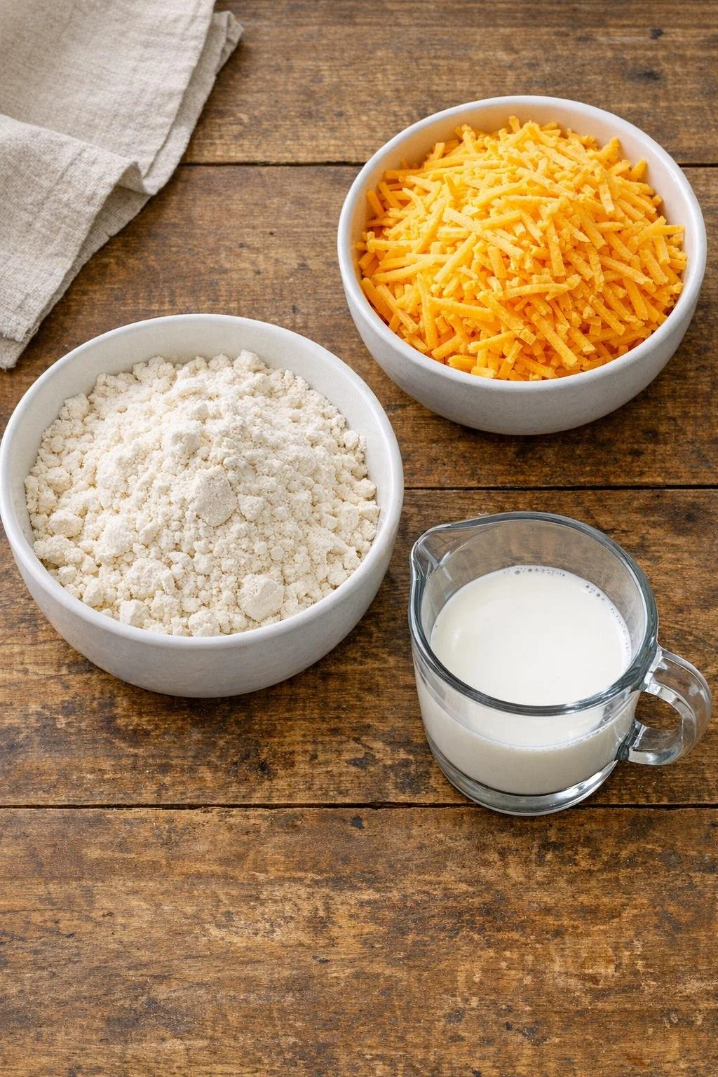 Biscuit baking mix, shredded cheddar and milk measured for cheese straws