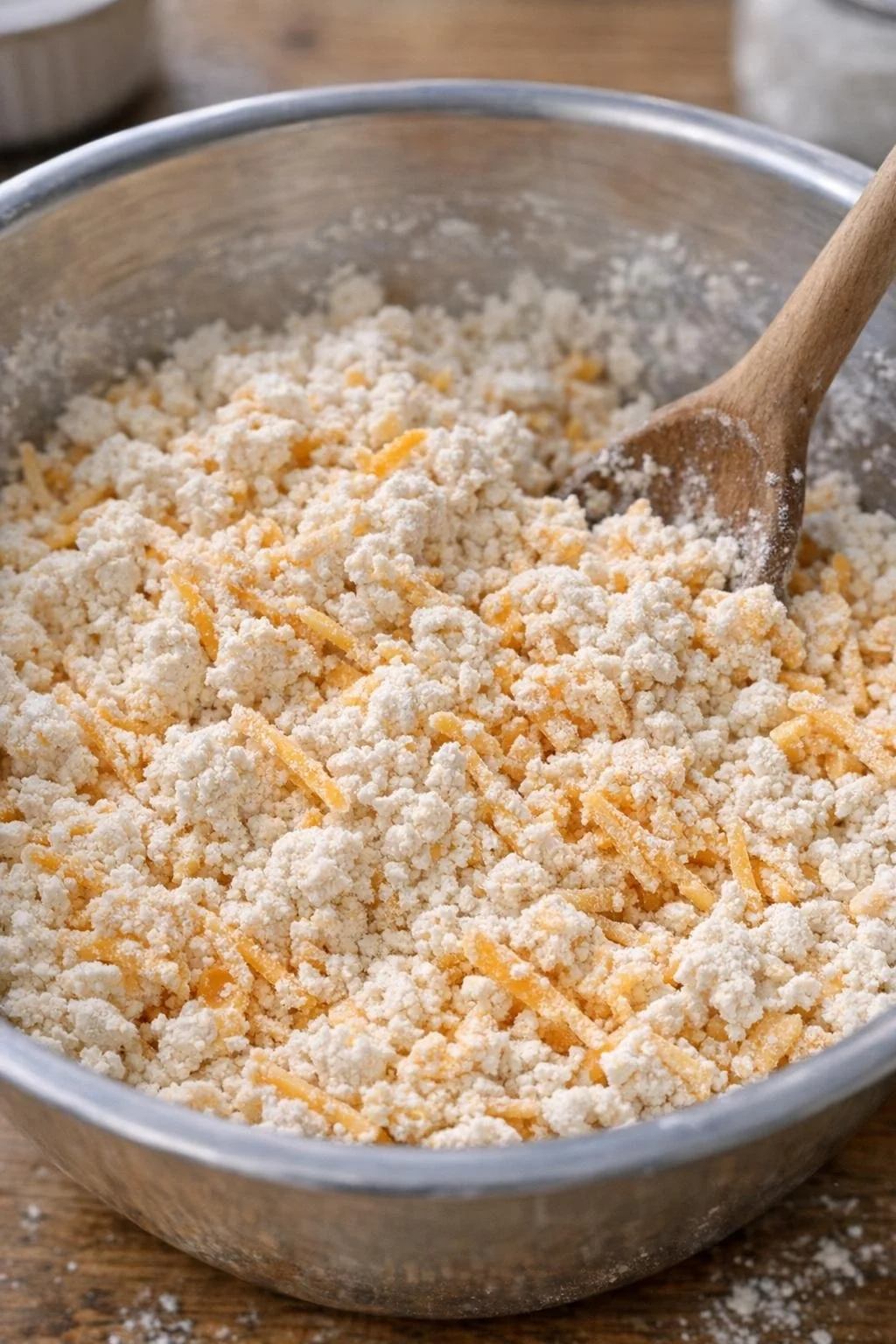 Shredded cheddar and biscuit mix stirred together in a bowl