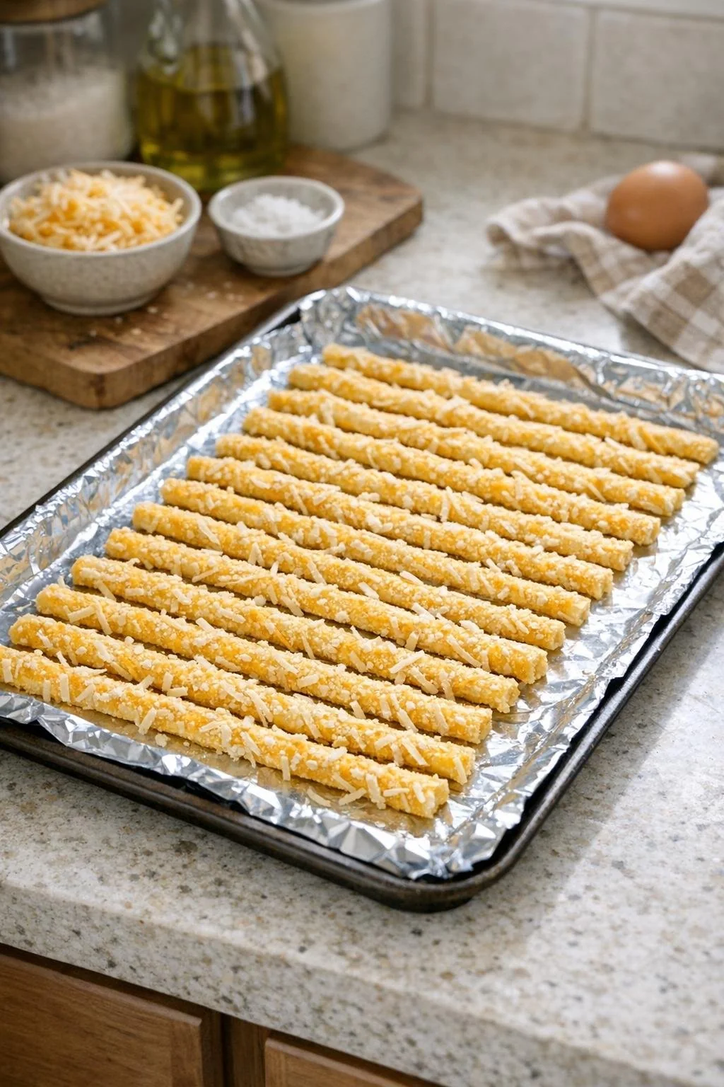 Baking tray lined with foil for homemade cheese straws