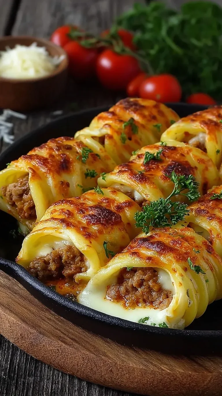 Golden baked pasta rolls topped with melted cheese and red sauce in a baking dish.