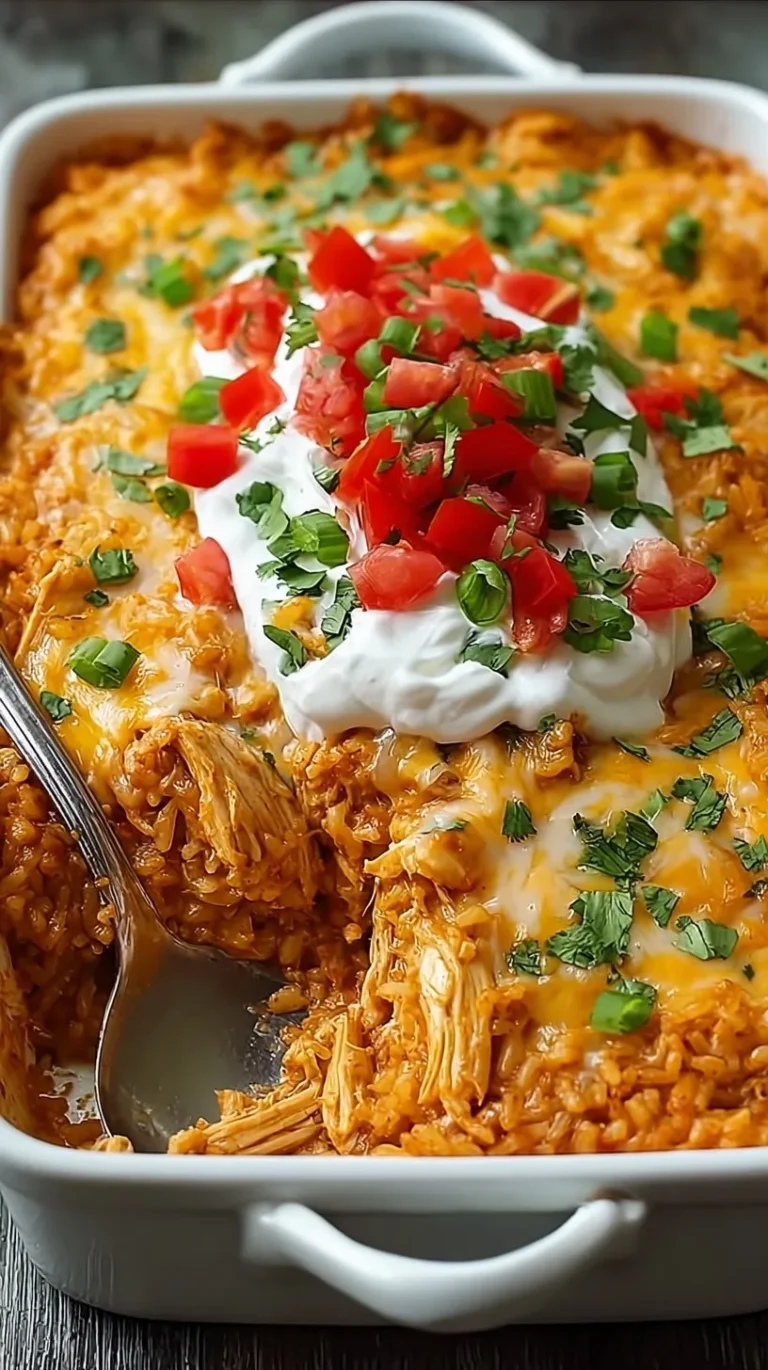 A bubbling dish of Cheesy Mexican Chicken Rice casserole topped with melted cheese and fresh cilantro.