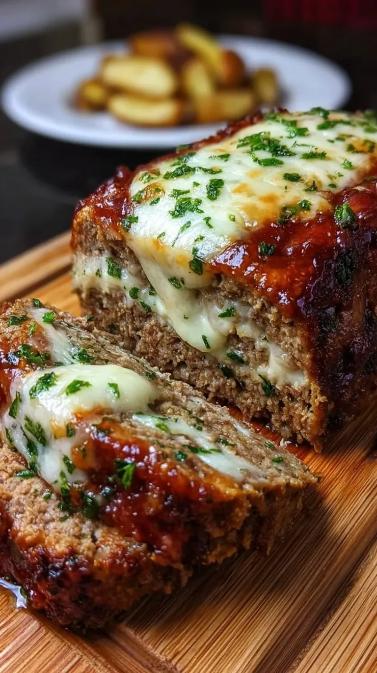 A sliced mozzarella-stuffed meatloaf showing a melted cheese center and red glaze.