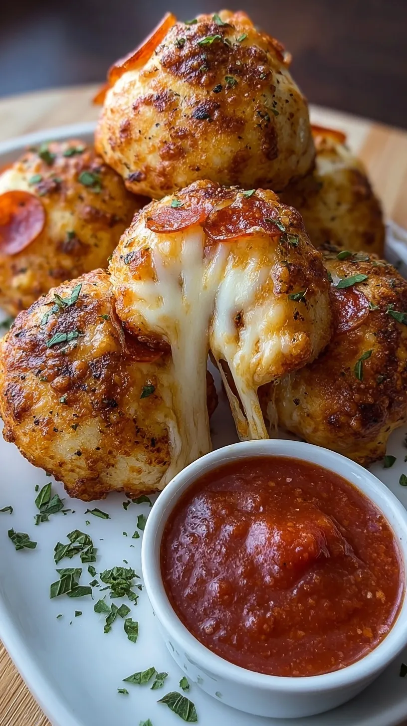 Golden brown pizza bombs brushed with garlic butter and herbs on a baking sheet.