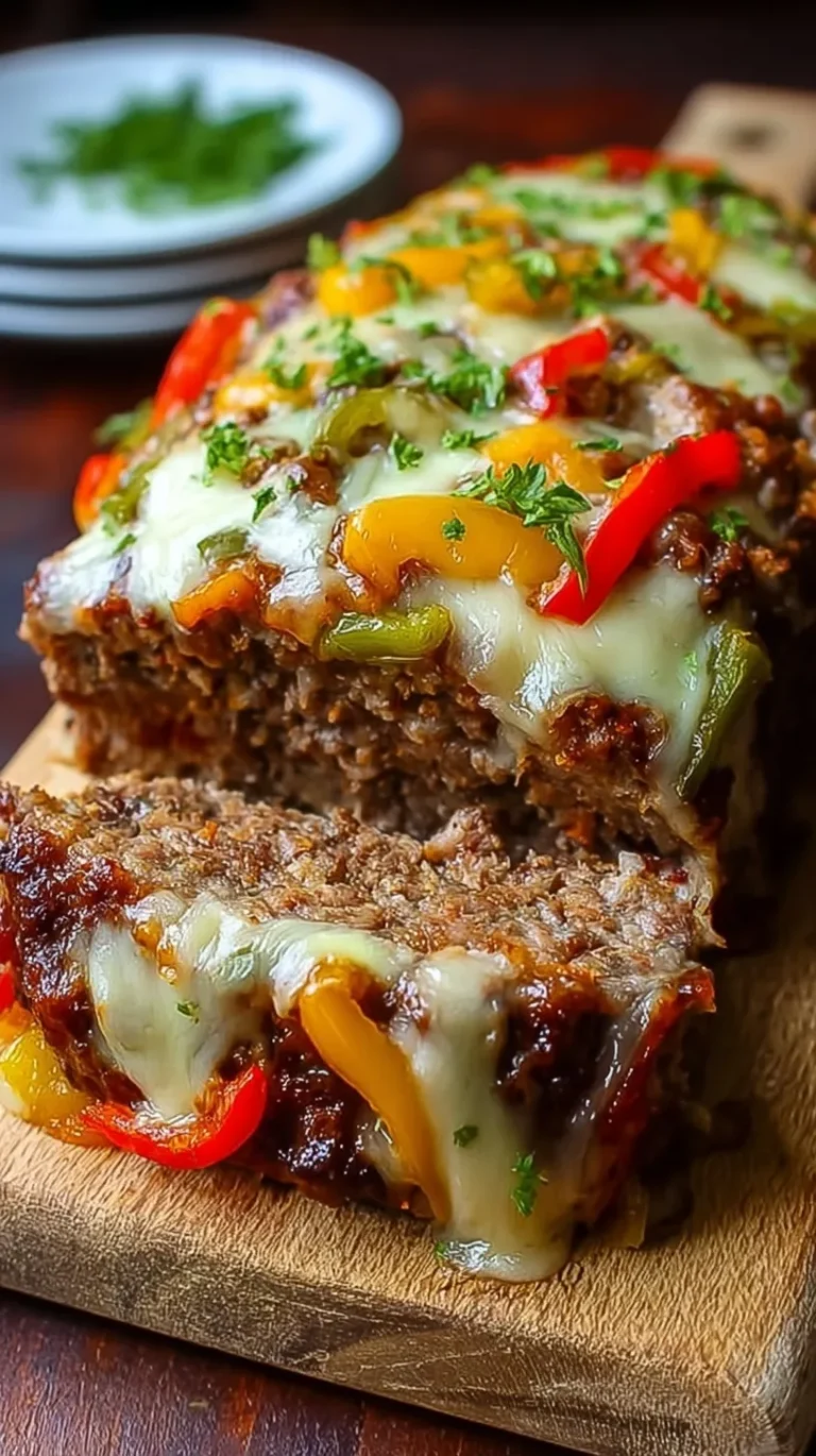 A sliced Cheesy Philly Cheesesteak Meatloaf showing a melted provolone cheese center and sautéed green peppers.