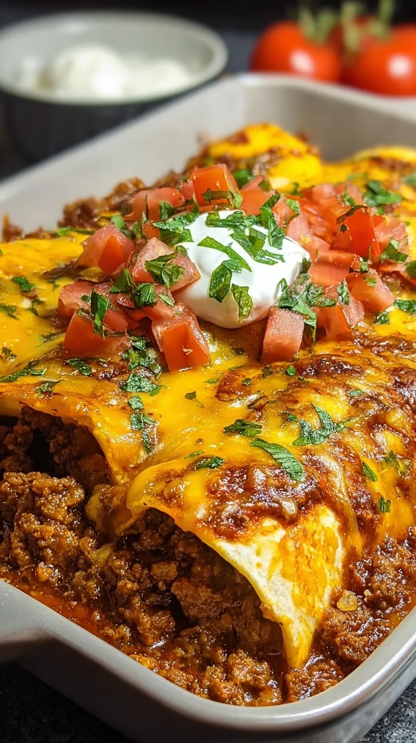 A baking dish filled with cheesy pizza enchiladas topped with pepperoni and olives.