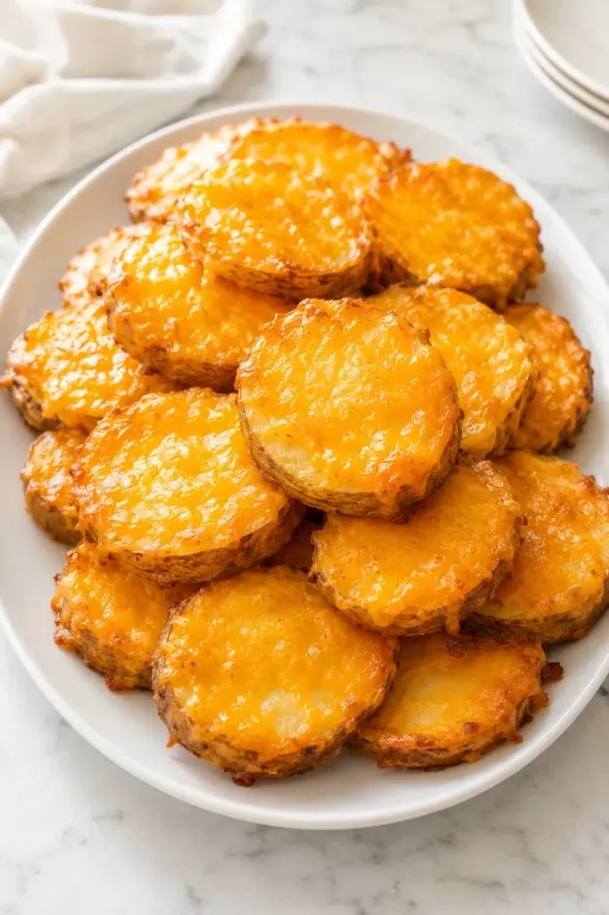 Delicious cheesy potato rounds served on a plate, crispy and golden.