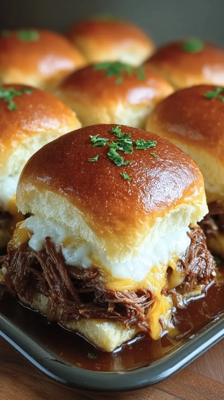 A tray of golden brown Cheesy Pulled Beef Sliders with melted cheese pulling apart.