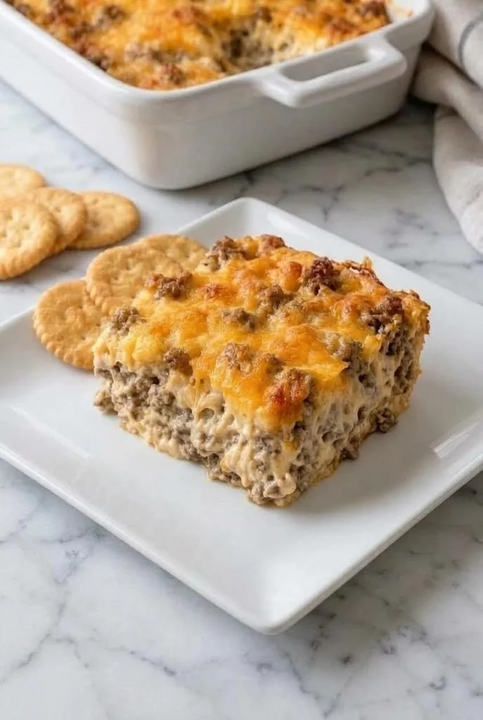 Cheesy sausage bake, a delectable dish of sausage, cheese, and spices.