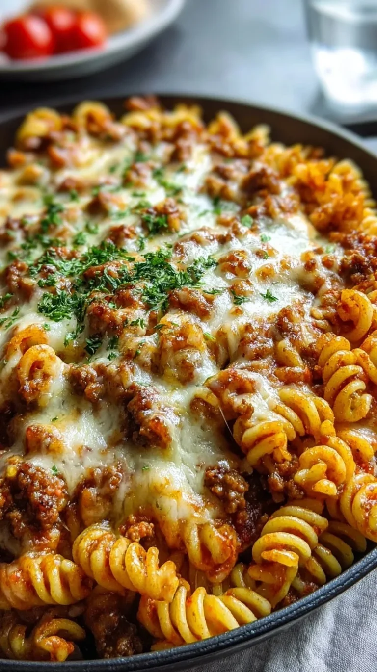 A bubbling dish of cheesy sausage rotini pasta bake with melted mozzarella and fresh parsley