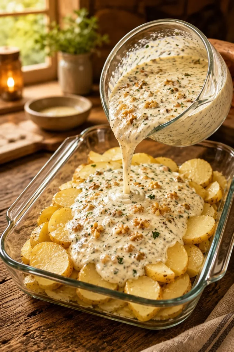 Delicious cheesy scalloped potatoes topped with ham in a baking dish