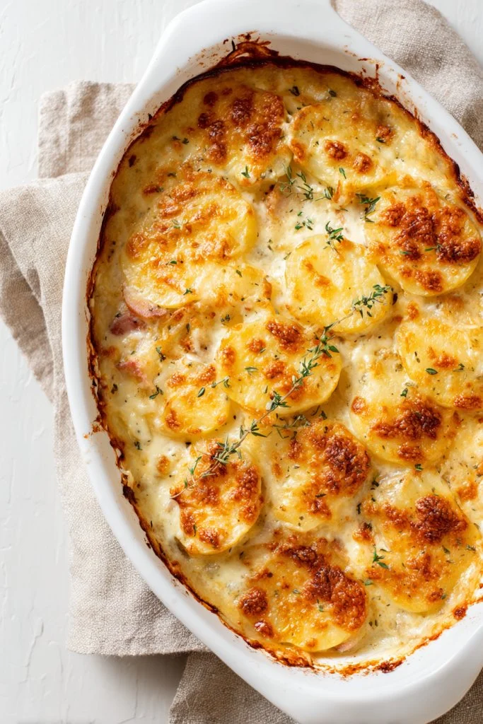 Cheesy scalloped potatoes with ham in a casserole dish