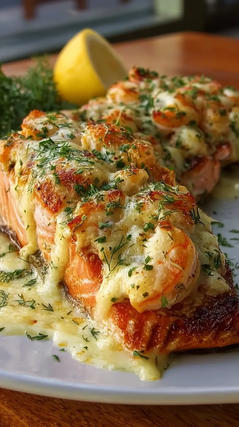 Golden baked salmon fillets stuffed with a creamy shrimp and spinach filling on a parchment-lined tray.