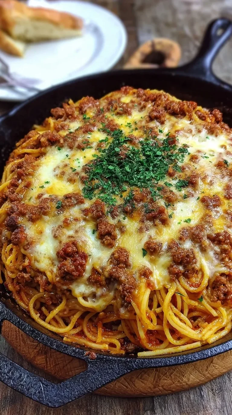 A skillet of cheesy baked spaghetti with melted mozzarella and fresh parsley on top.