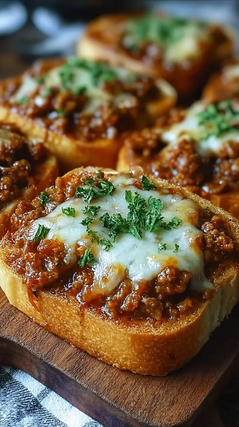 A close up of Cheesy Sloppy Joe Texas Toast with melted cheddar on top and a golden garlic crust.