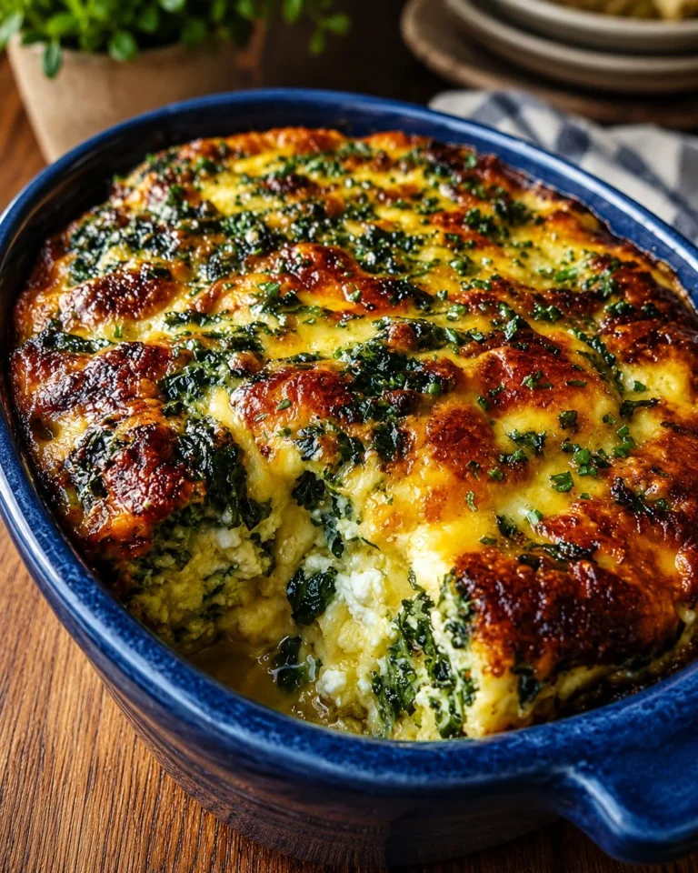 Cheesy spinach and broccoli egg bake served in a baking dish.