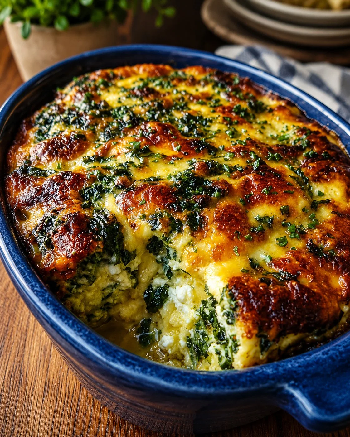 Cheesy spinach and broccoli egg bake served in a baking dish.